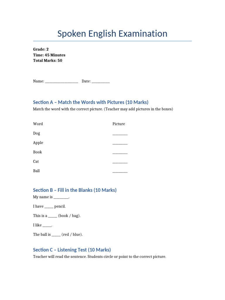 Grade2 Spoken English Sample Exam | PDF