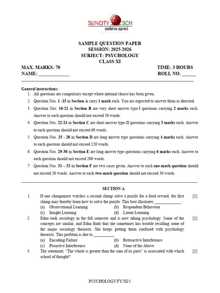 Sample Question Paper 2025-26 | PDF | Psychology | Cognitive Development