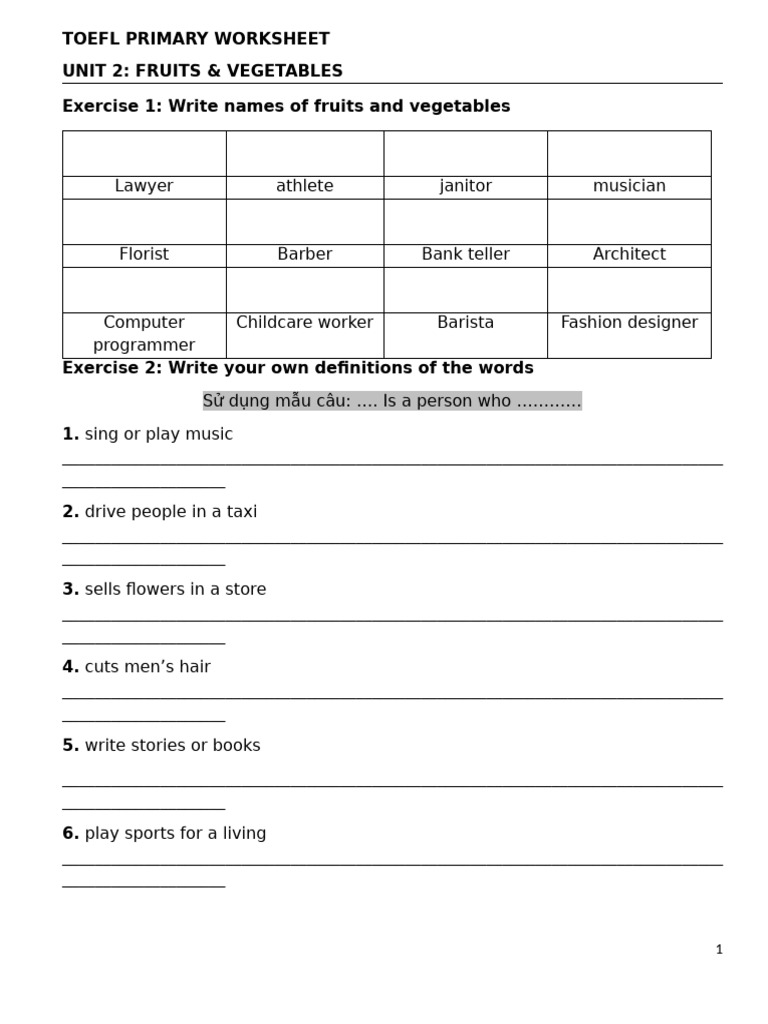 TOEFL Primary Worksheet Book 2 - Unit 3 | PDF | Edible Fruits | Edible ...