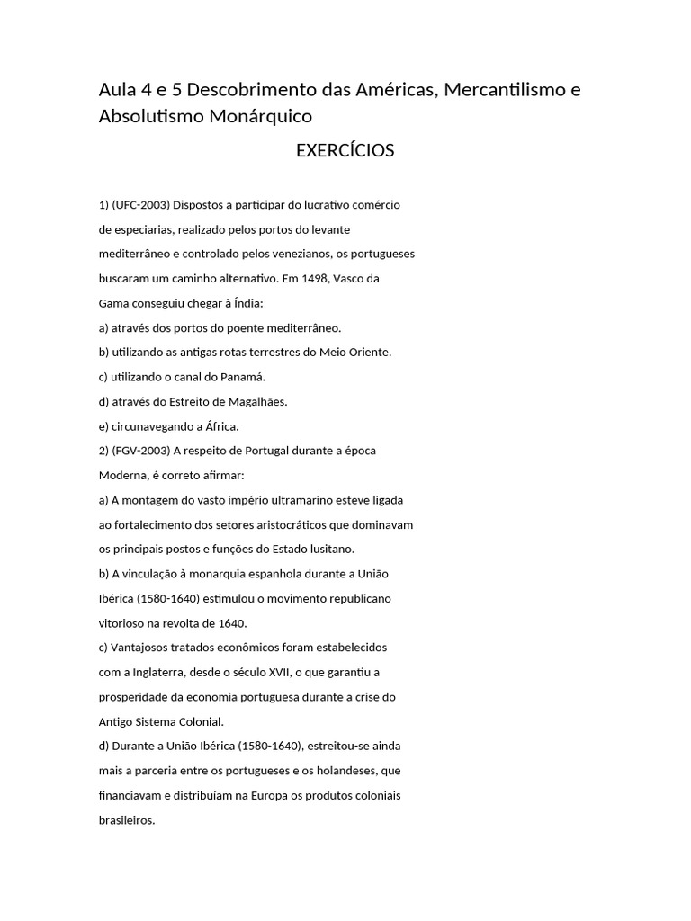 Exercícios de História AULA 4 e 5 DESCOBRIMENTO DAS AMÉRICAS ...