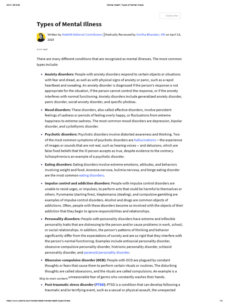 Mental Health - Types of Mental Illness | PDF | Mental Disorder | Anxiety