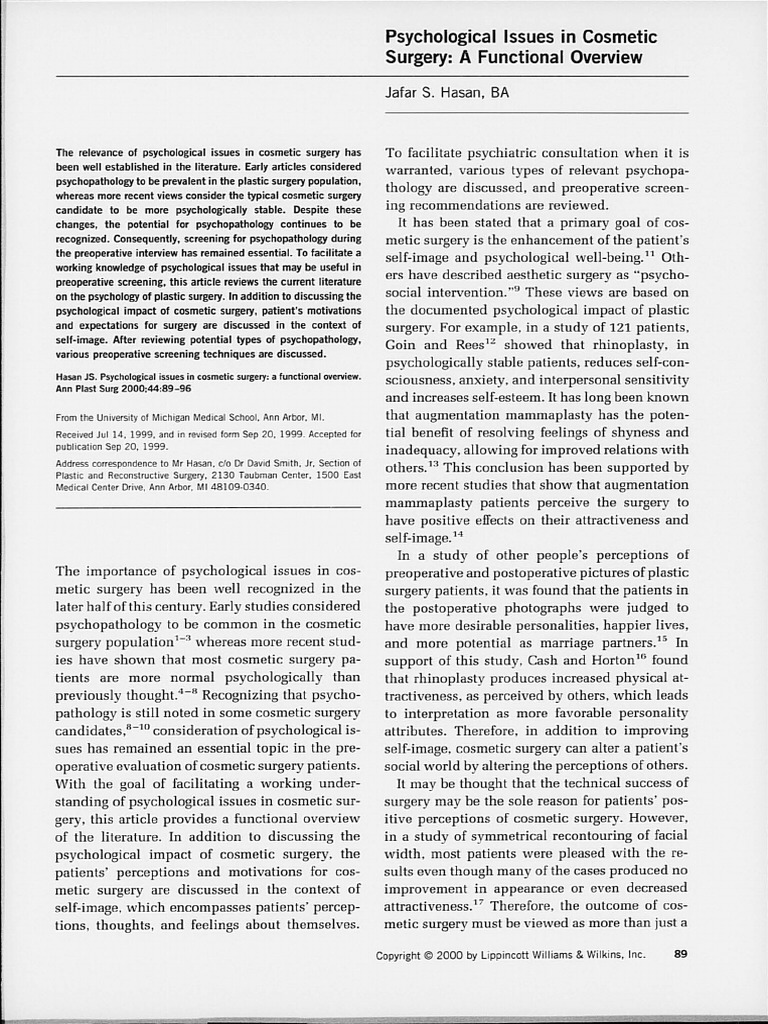 Psychological Issues in Cosmetic Surgery - A Functional Overview | PDF