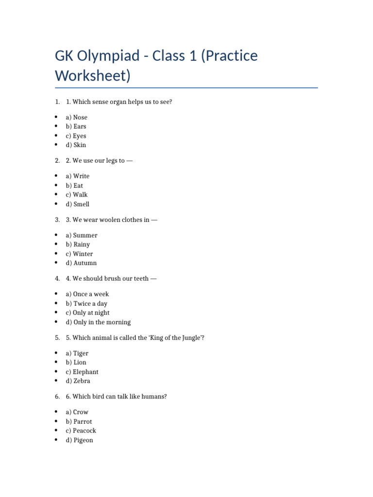 GK Olympiad Class1 Practice Worksheet | PDF