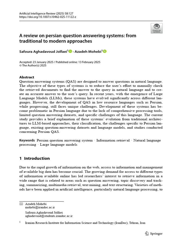 Jolfaei and Mohebi - 2025 - A Review On Persian Question Answering ...
