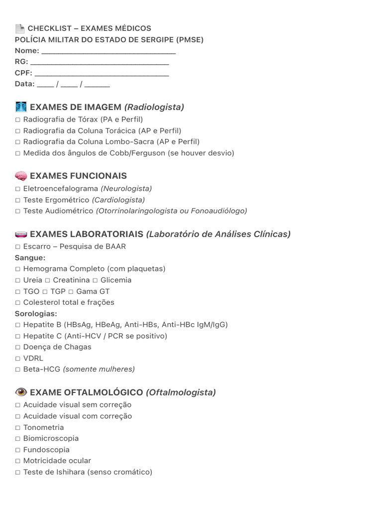 ? Checklist - Exames Médicos | PDF