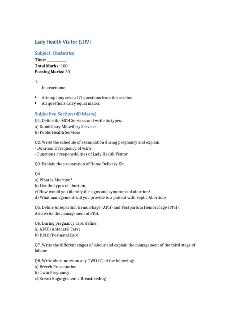 LHV Obstetrics Question Paper | PDF
