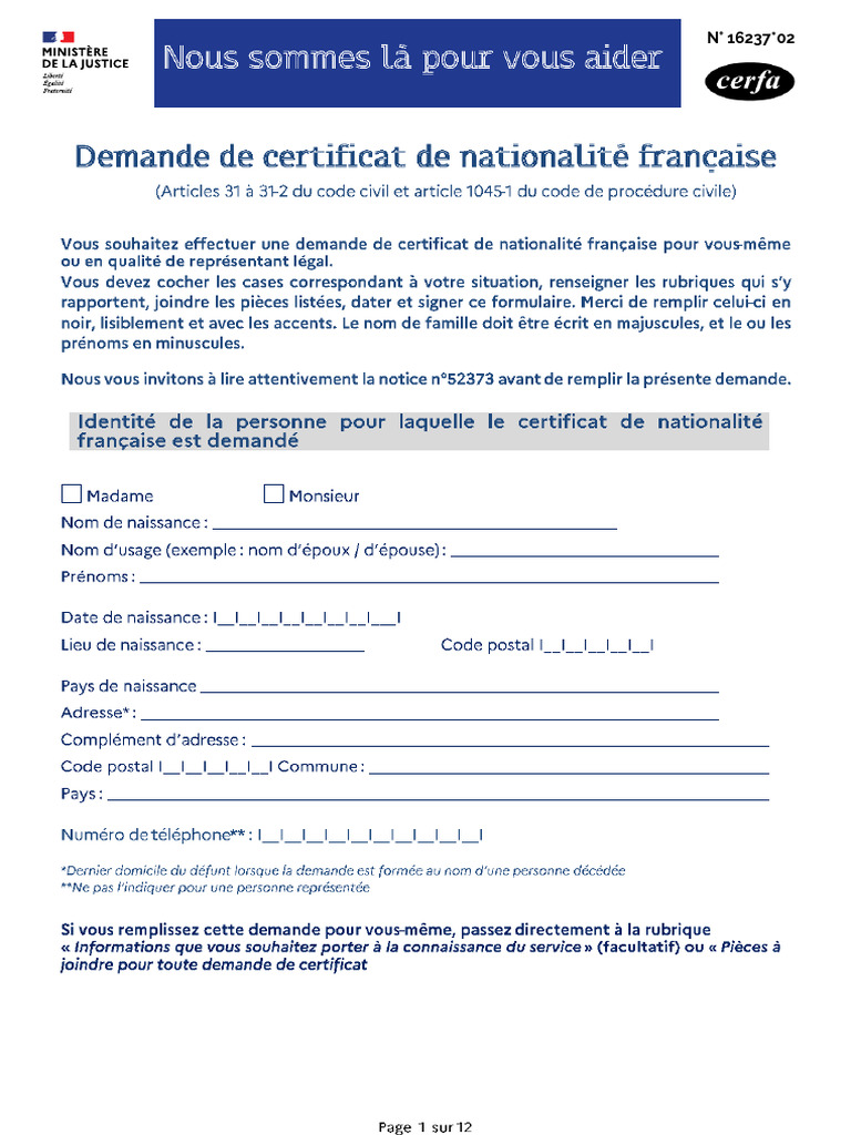Cerfa 16237 02 Demande Certificat Nationalite Francaise | PDF