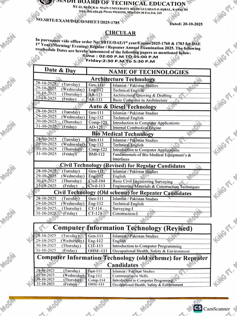 Dae 1st Year Revised Date Sheet | PDF