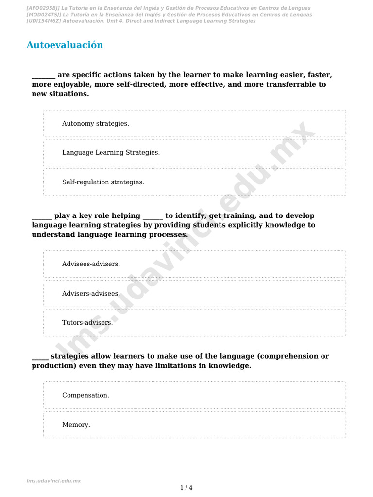 Autoevaluación. Unit 4. Direct and Indirect Language Learning ...