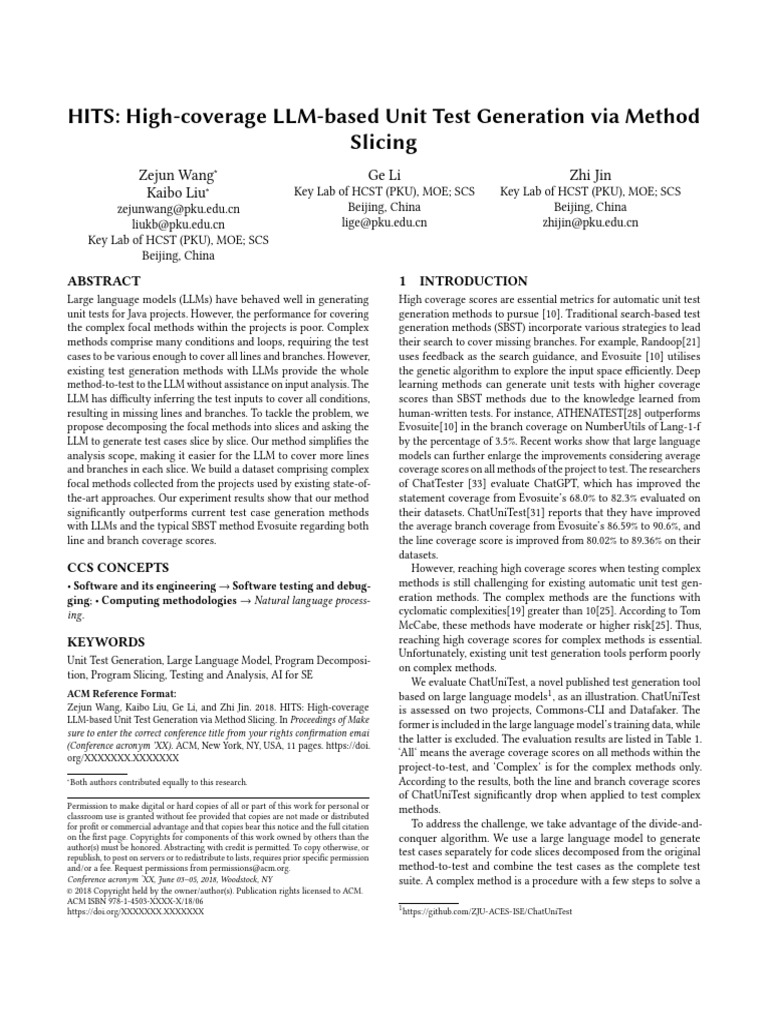 HITS High-Coverage LLM-based Unit Test Generation Via Method | PDF