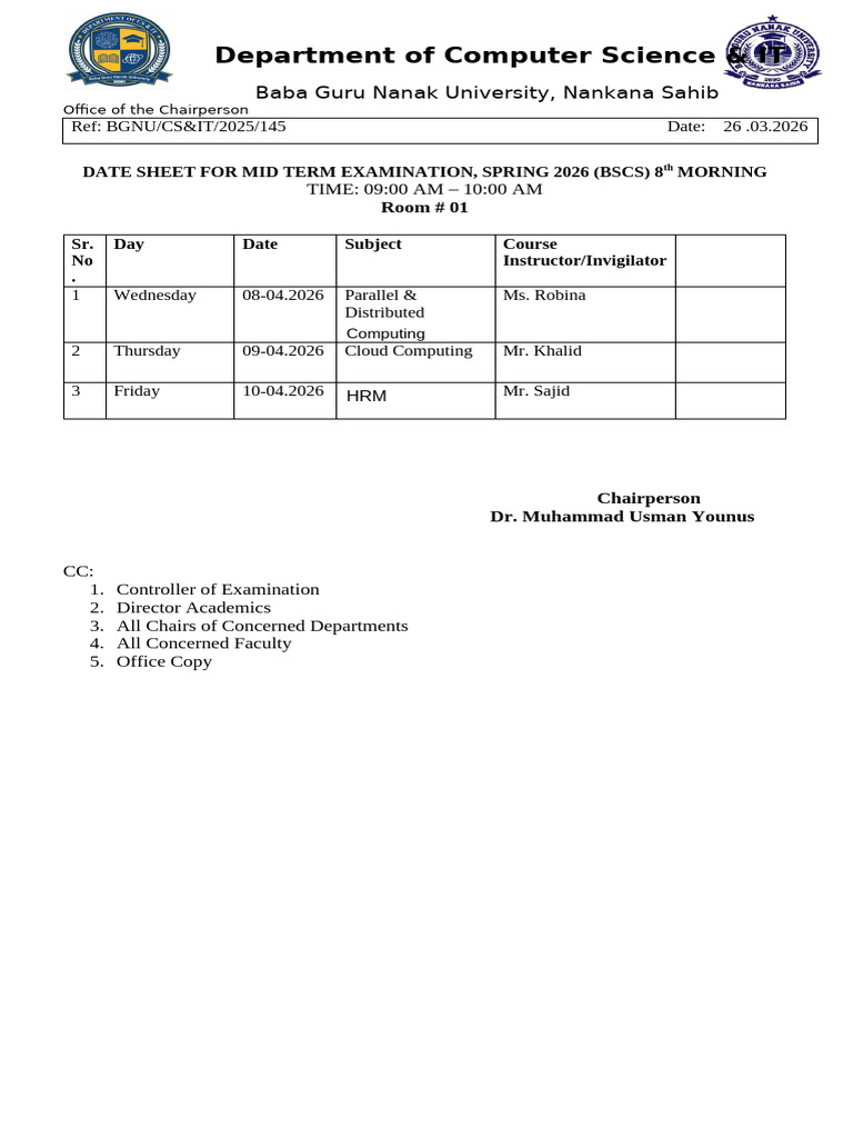 Mid-Exam Date Sheet (Spring2026) | PDF | Computing | Computer Science