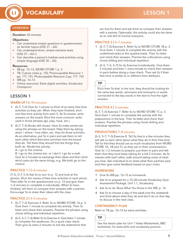 Focus1 2E Lesson Plans U1 Lesson 1 Vocabulary | PDF | Phrase | Vocabulary
