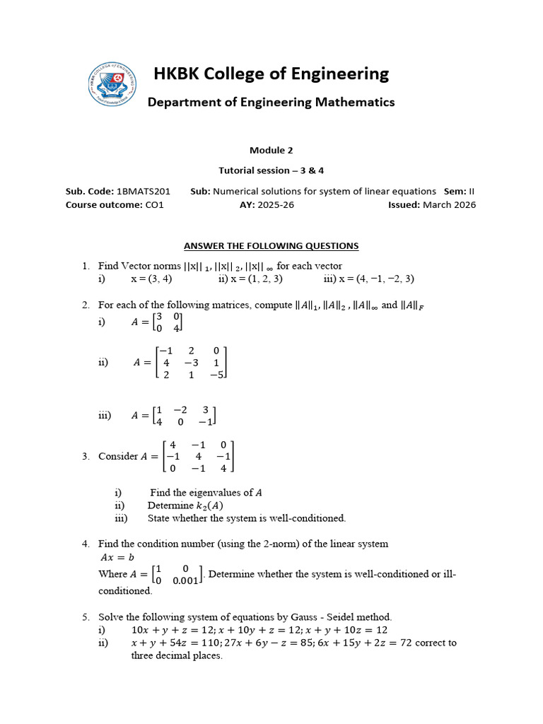2nd Sem CSE Module 2-Tutorial & Assignment | PDF | Eigenvalues And ...
