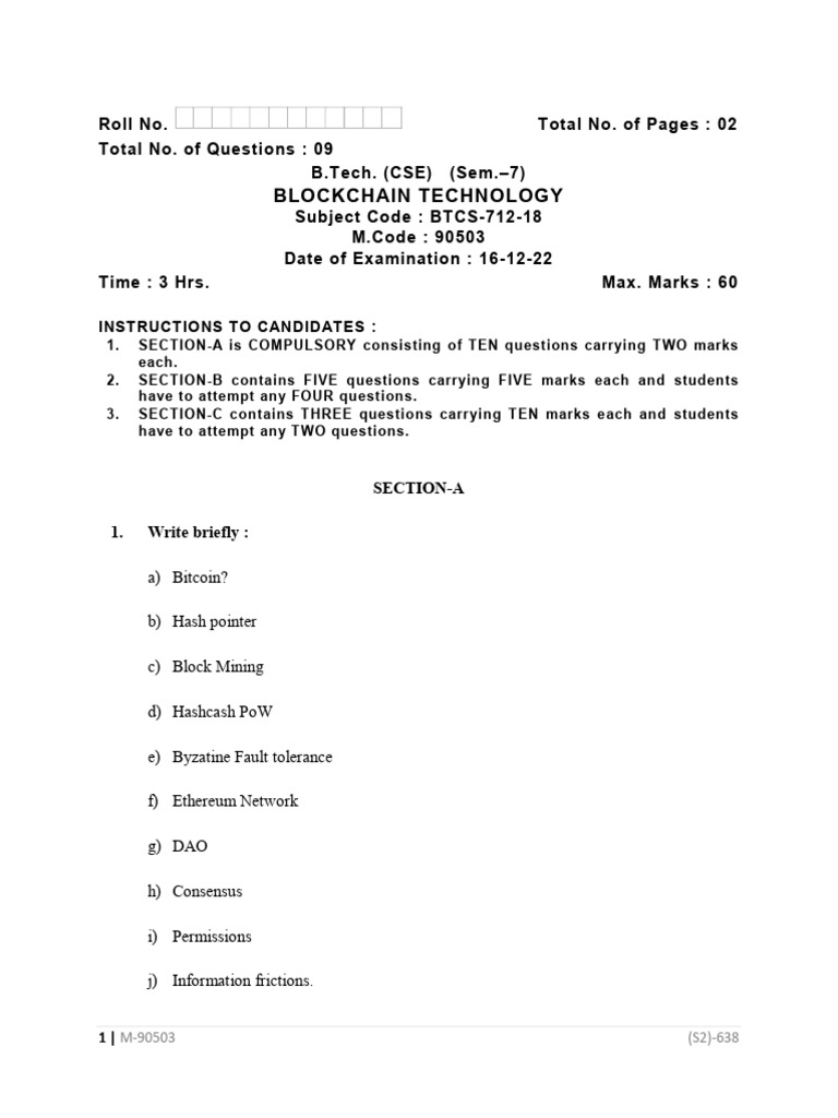 Btech Cse 7 Sem Blockchain Technology 90503 Dec 2022 | PDF