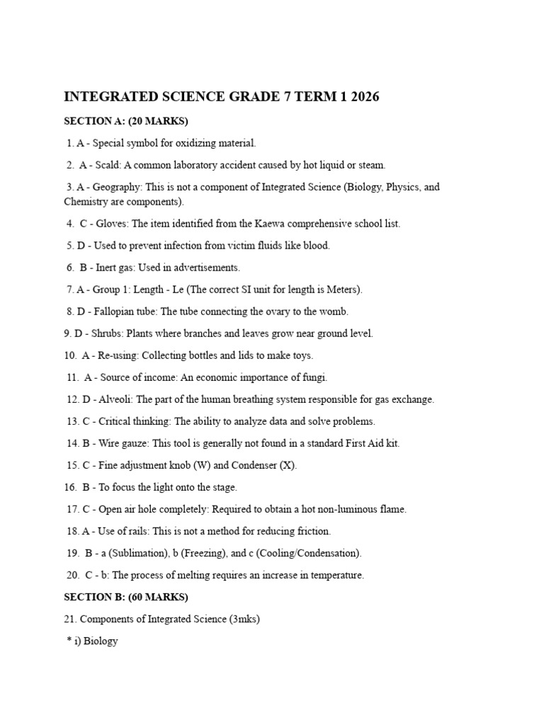 Marking Scheme Integrated Science Grade 7 Term 1 2026 | PDF ...