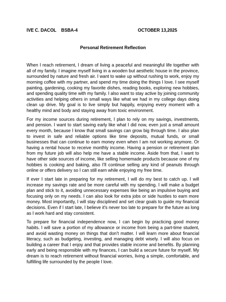 Personal Reflection | PDF | Retirement | Budget