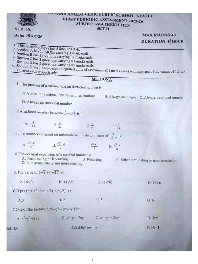 P.a.1 Maths Set-2 Question Paper | PDF