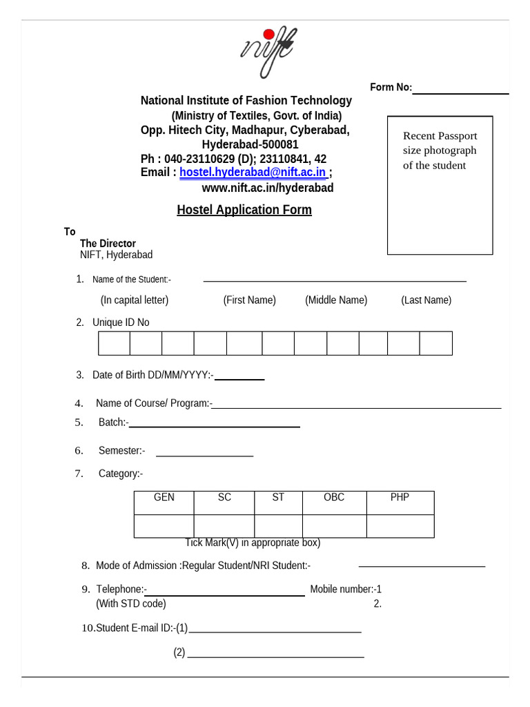 Hostel Application Form NIFT, Hyd | PDF