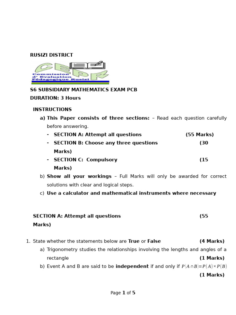 S6 Sub-Maths Exam | PDF
