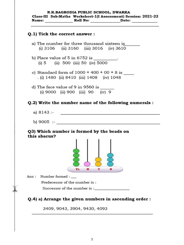 Maths Worksheets Class 3 Session 2021-22-1 | PDF | Mathematics | Numbers