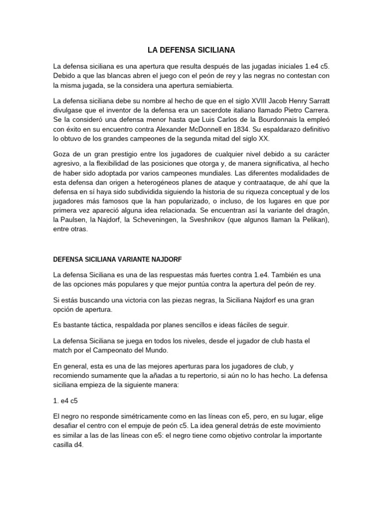 La Defensa Siciliana | PDF | Aperturas de ajedrez | Juegos de mesa