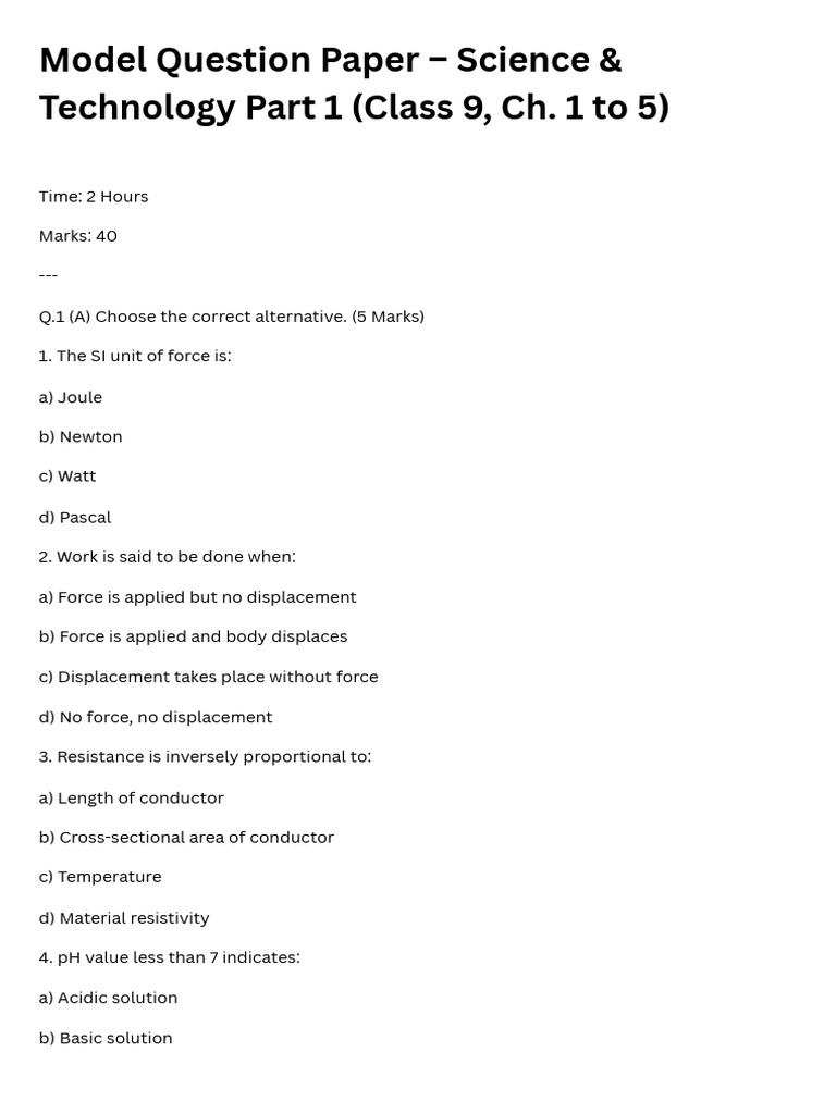 Model Question Paper - Science & Technology Part 1 (Class 9, Ch. 1 To 5 ...
