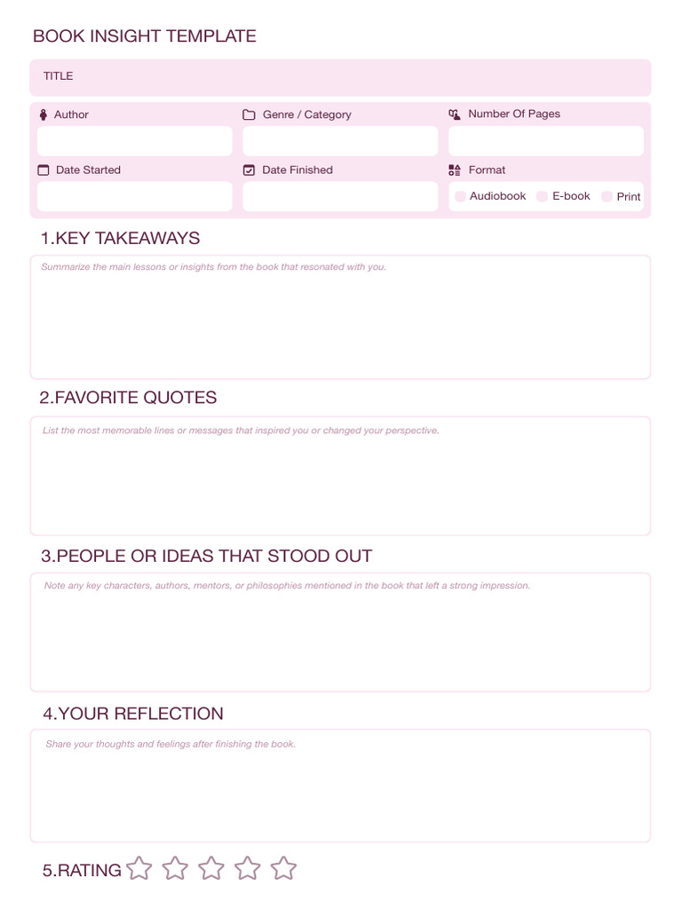 (Editable) Book Insight Template (Pink) | PDF