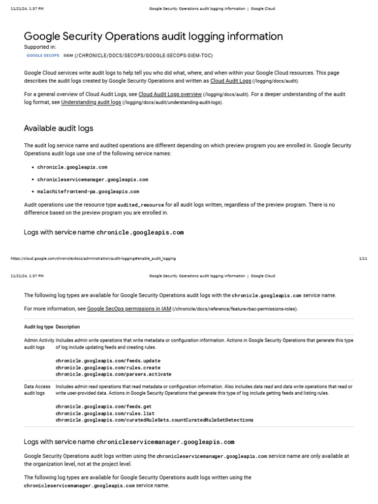Google Security Operations Audit Logging Information - Google Cloud ...