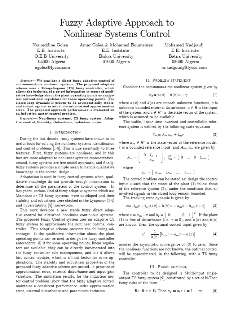 "Fuzzy Adaptive Approach To Nonlinear Systems Control | PDF | Control ...