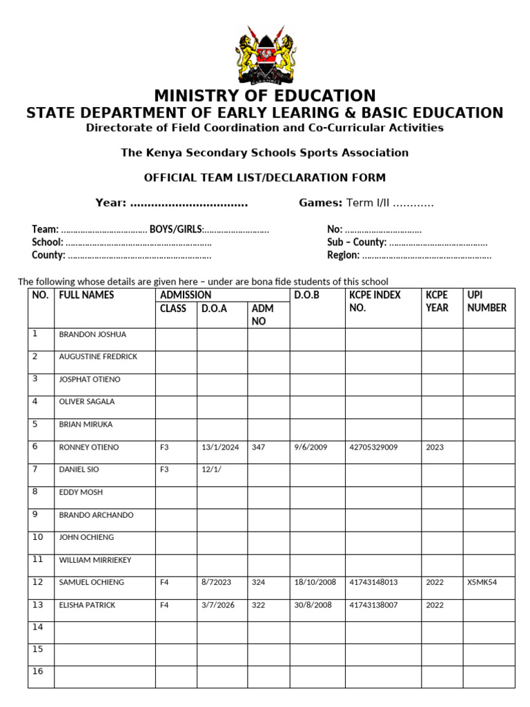 New Games Declaration Form, Team List | PDF