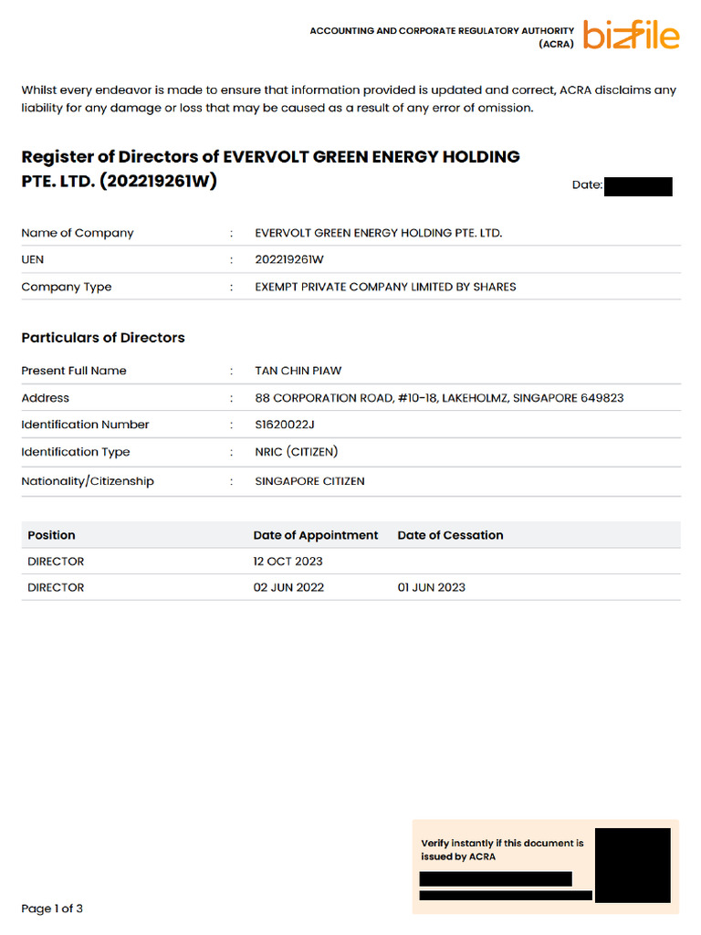 Evervolt Green Energy Holding Pte LTD Register of Directors | PDF ...