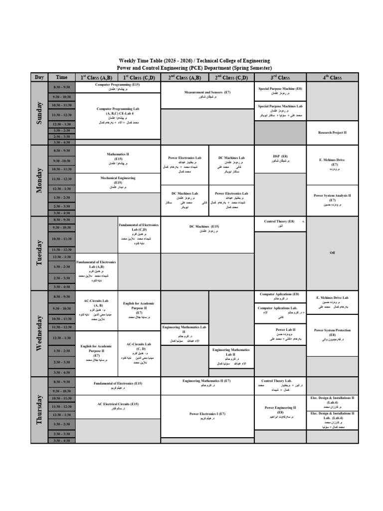 Weekly Time Table EPE 2025-2026 Spring Semester Last | PDF