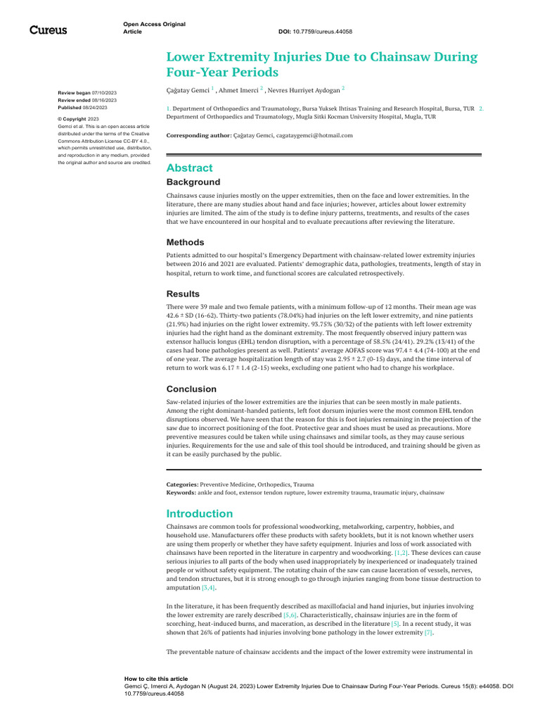 Lower Extremity Injuries Due To Chainsaw During | PDF | Foot | Human Leg