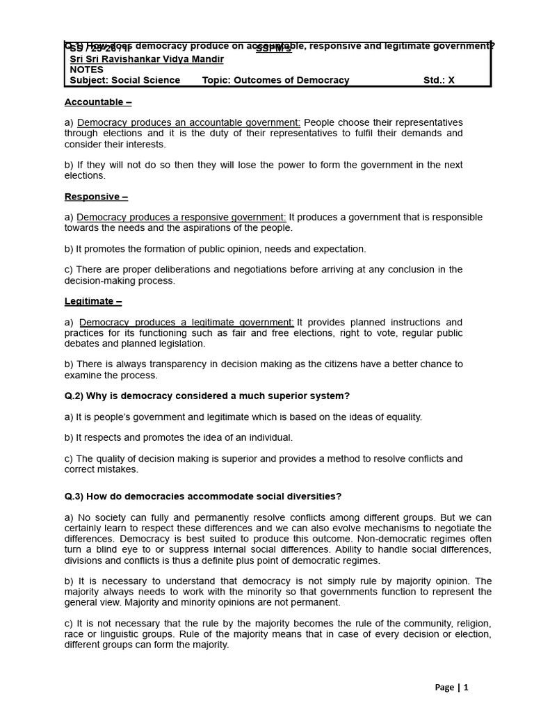 STD 10 SS Civics - Notes - Outcomes of Democracy | PDF