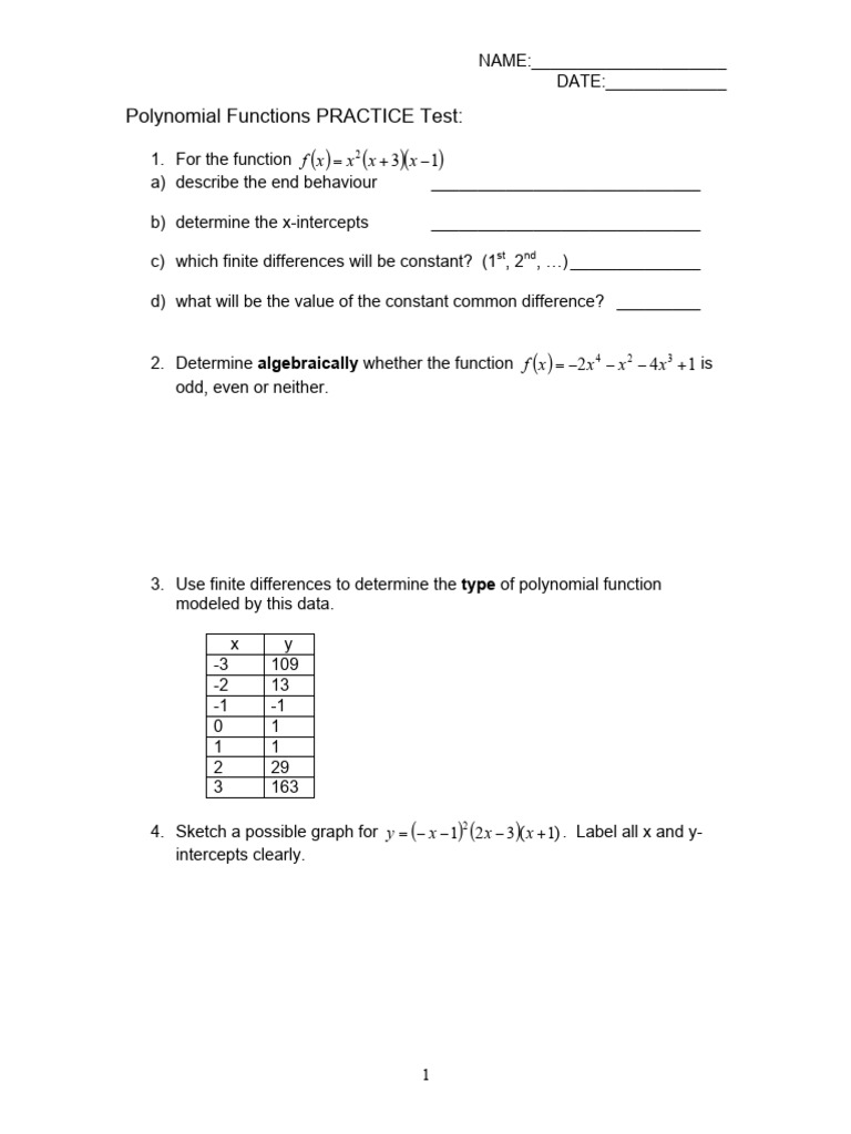 Poly Func PRACTICE Test | PDF | Polynomial | Finite Difference