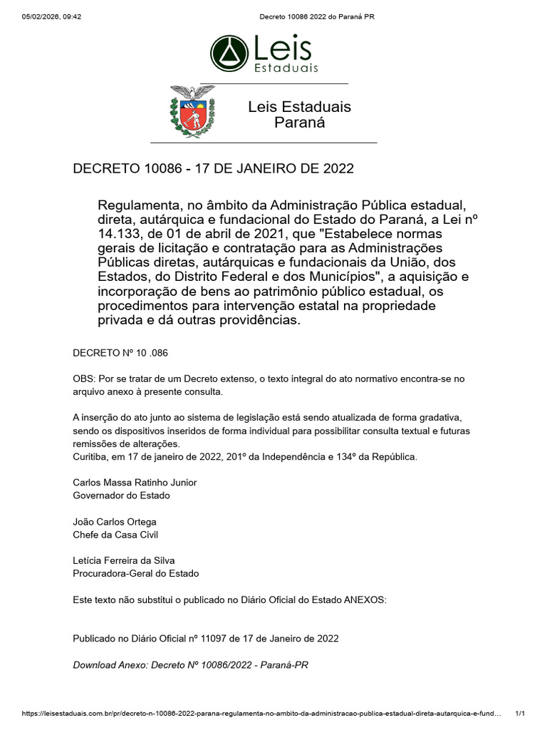 Decreto 10086 2022 Do Paraná PR | PDF