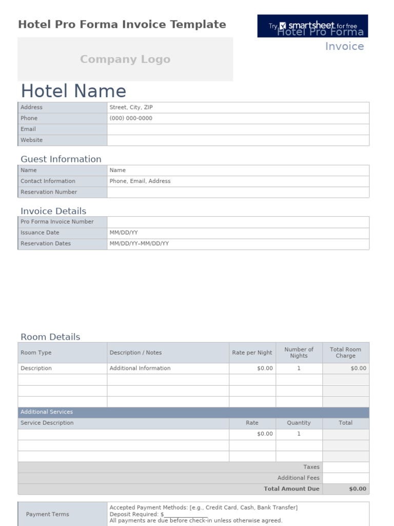 IC Hotel Pro Forma Invoice Template 12292 WORD | PDF