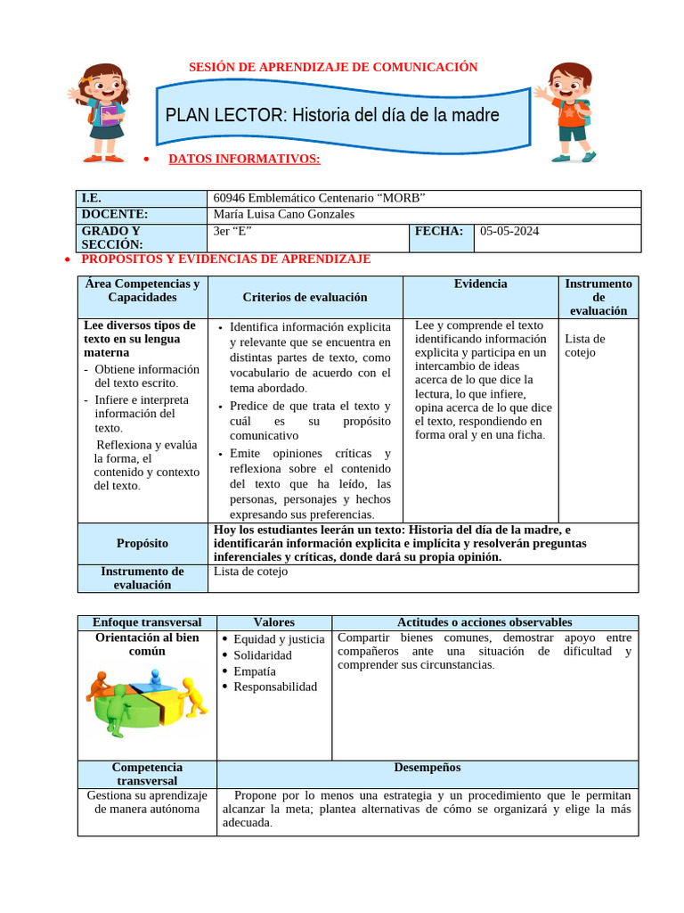 Activ Plan Lector Hist Día Madr - 05-05 - 2025 3er | PDF | Aprendizaje ...