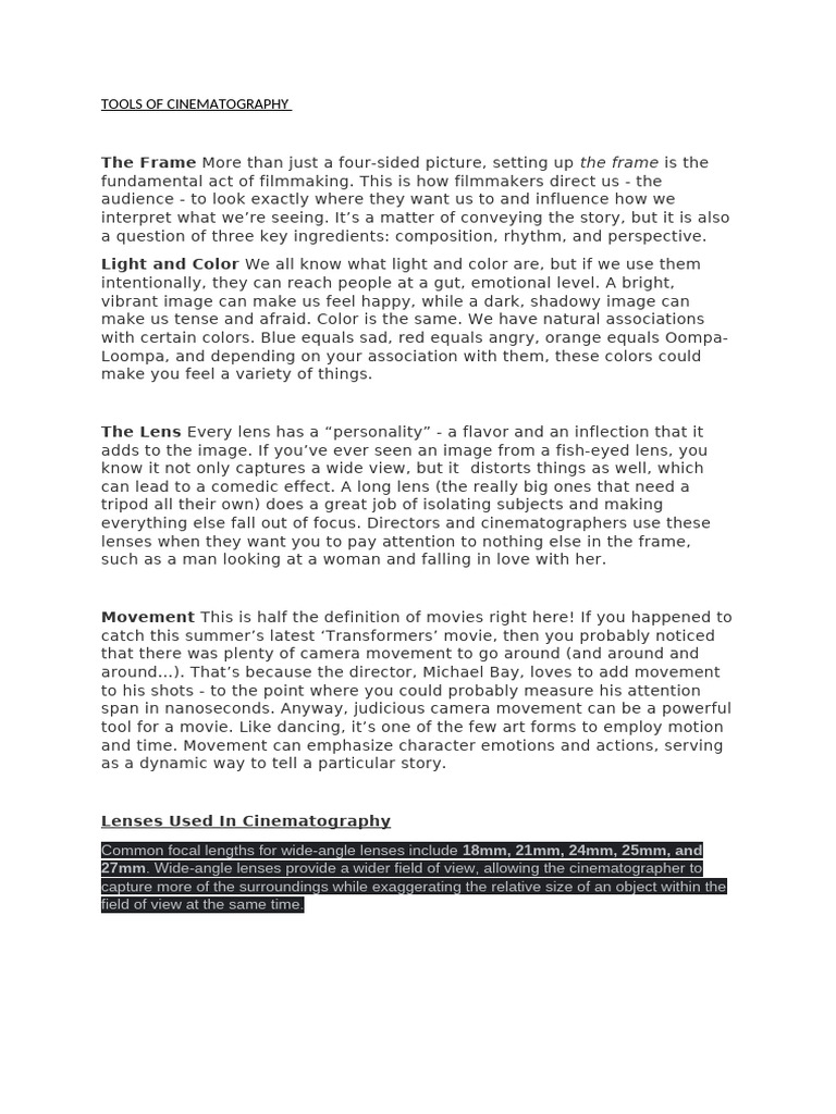 Cinematography Notes 1 | PDF