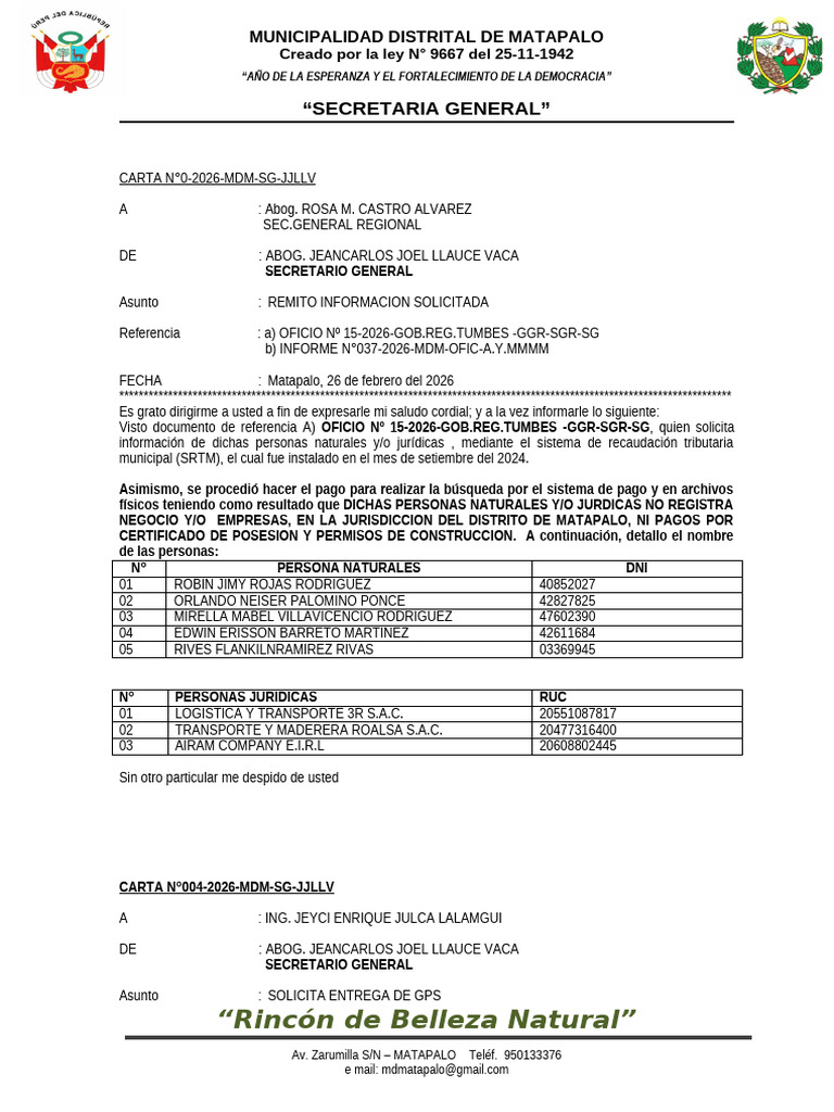 Carta Rpta Gob - Reg 2026 MDM SG JJLLV | PDF