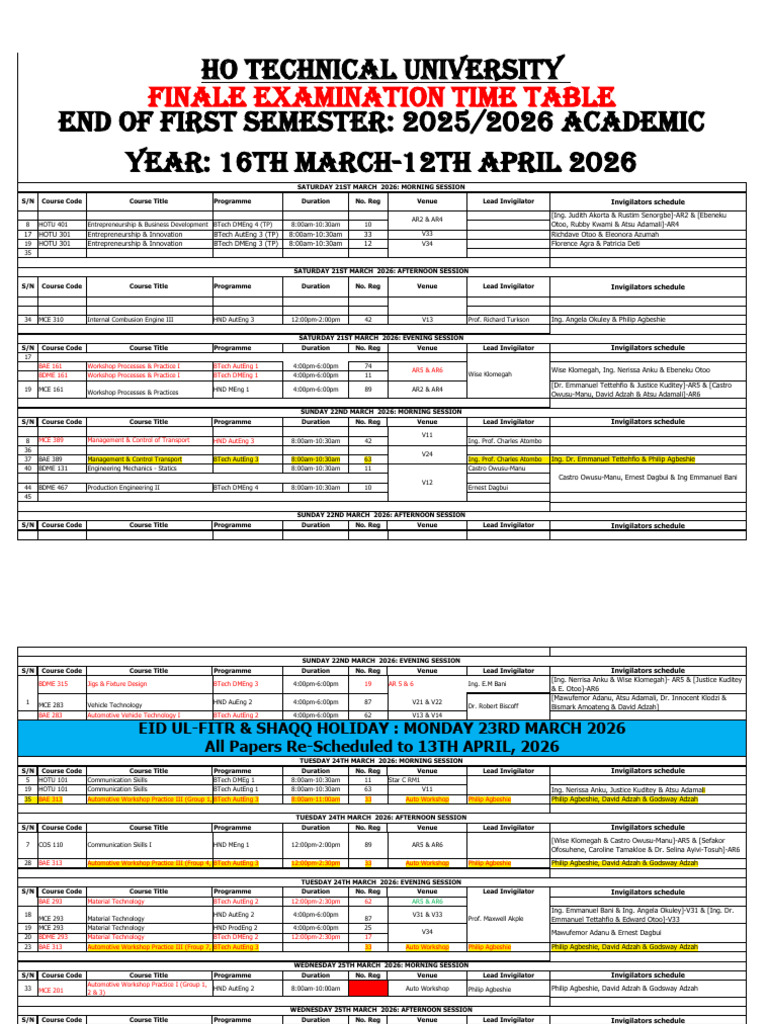 Mech - End of 1st Sem Exams Timetable - (21st - 27th March) | PDF ...