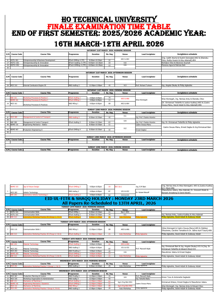 2 - Mech - FINAL End of 1st Sem Exams Timetable - Copy-1 | PDF ...
