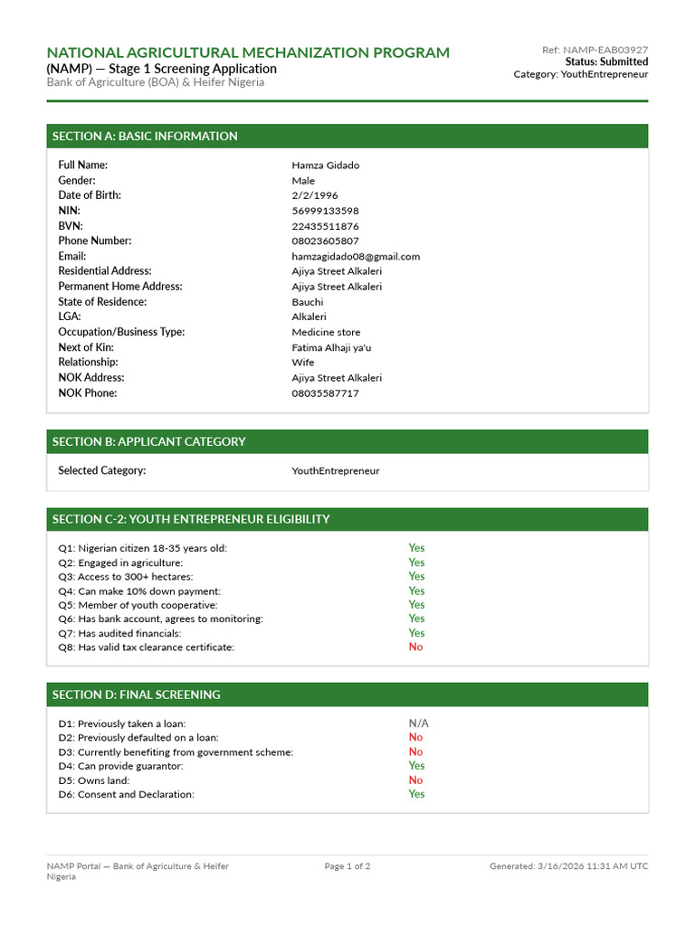 NAMP Application Hamza Gidado 20260316 | PDF