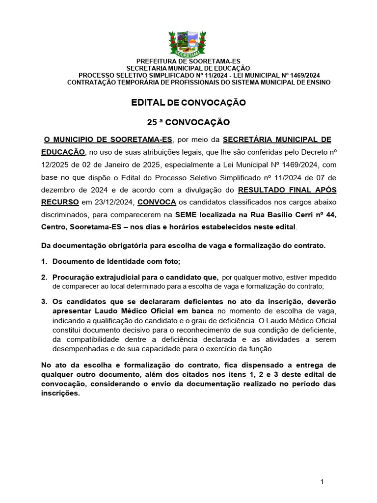 Educacao 25o Edital de Convocacao Processo Seletivo S | PDF