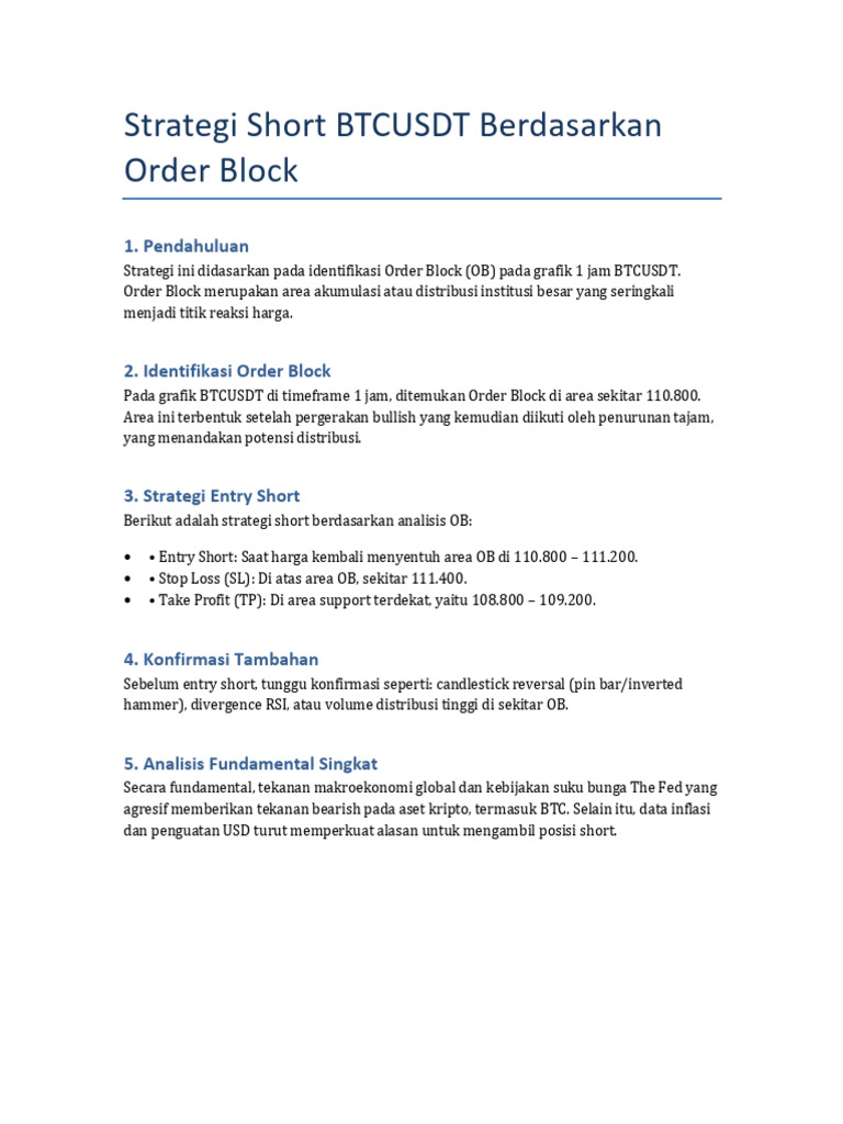 Strategi Short BTCUSDT Order Block | PDF