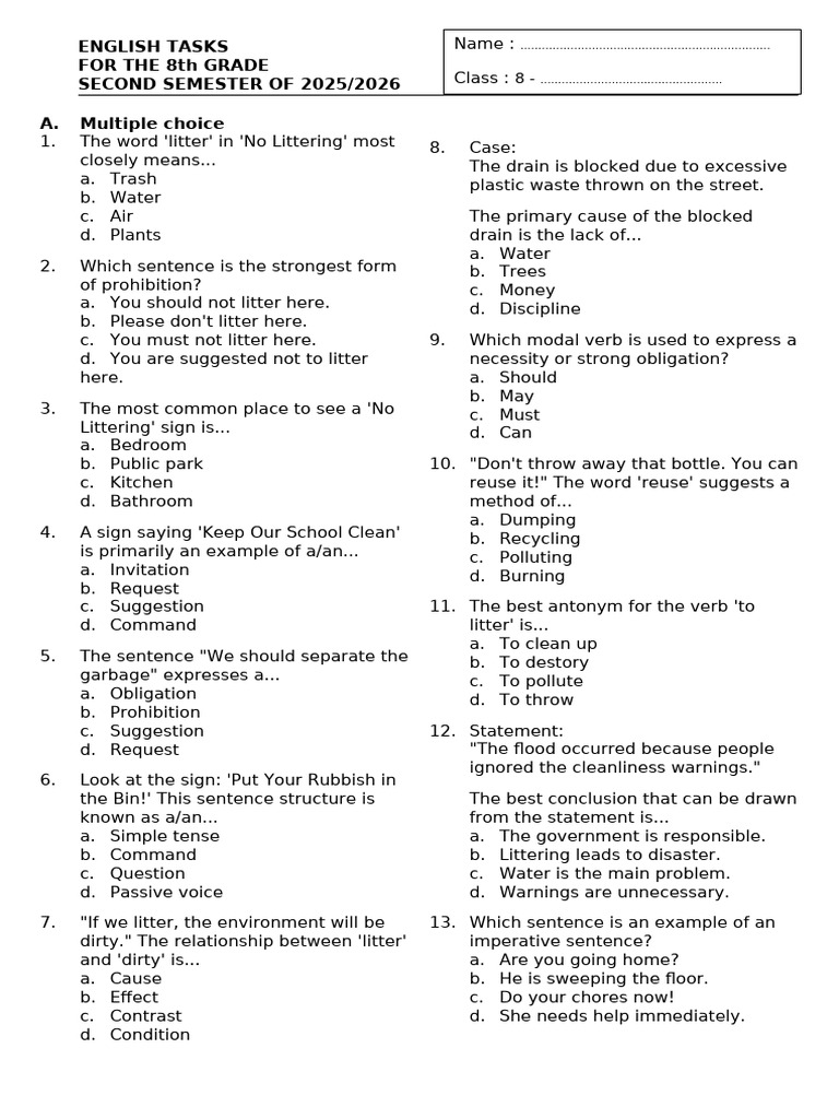 English Tasks Viii | PDF | Sentence (Linguistics) | Waste