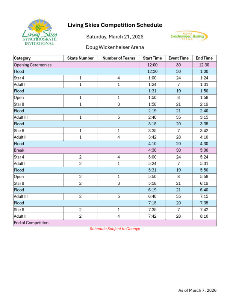 2026 Living Skies Competition Schedule | PDF