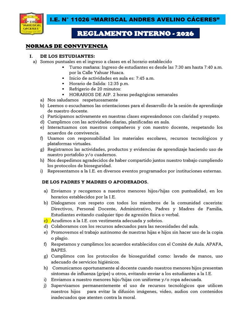 Normas de Convivencia Quinto Grado Mac 2026 | PDF