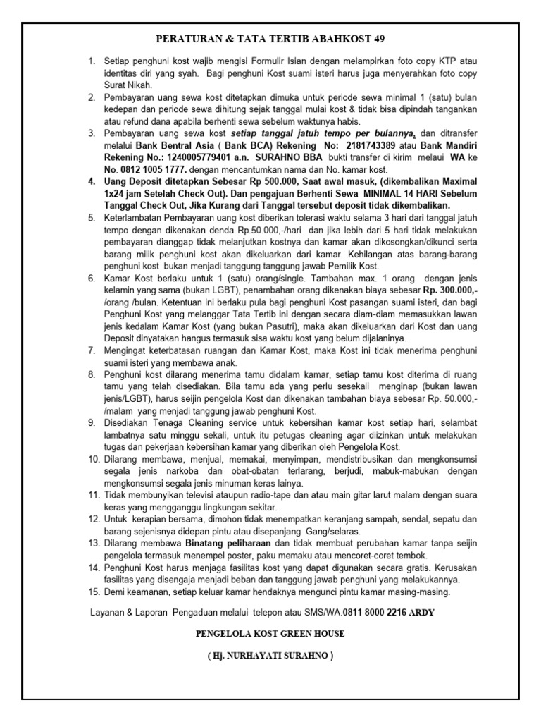 Tata Tertib Kost Abah Kost Baru | PDF