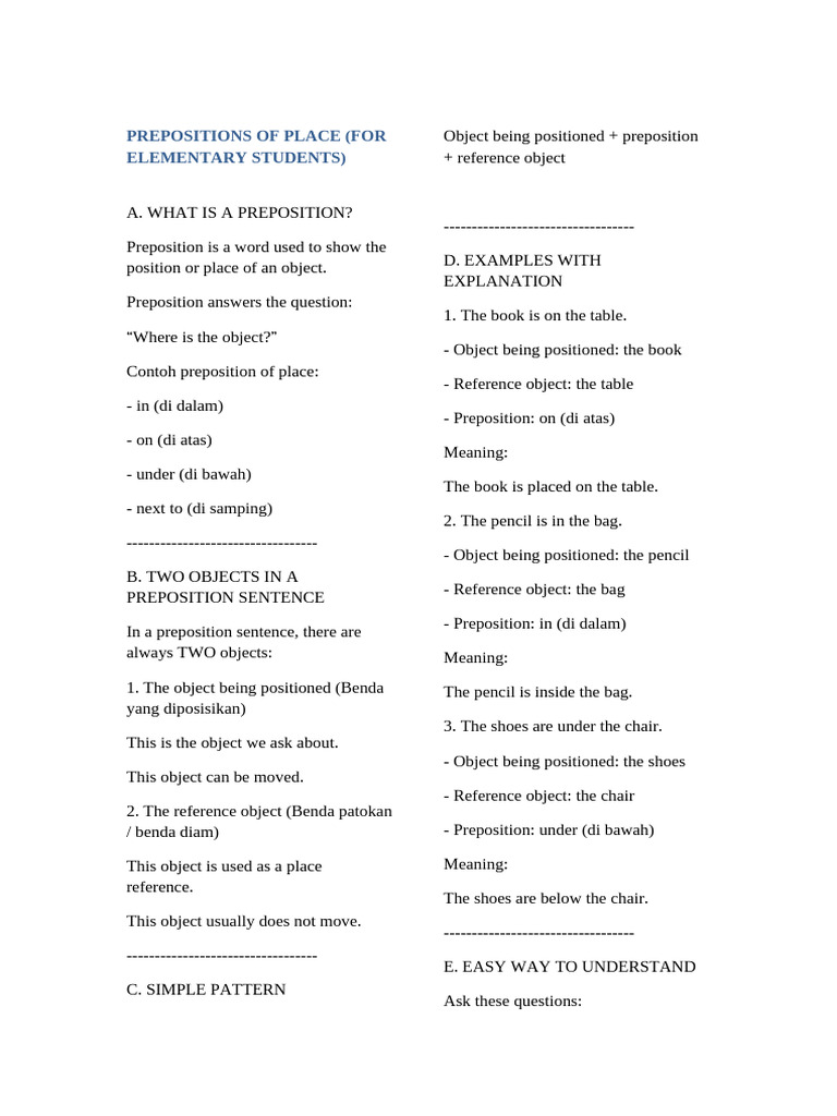 Prepositions of Place SD Explanation | PDF